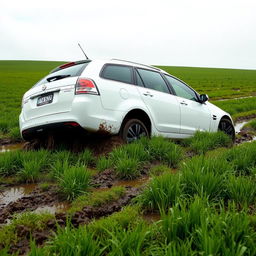 A realistic depiction of a white 2009 Holden Commodore Omega wagon stuck in soft, wet grass