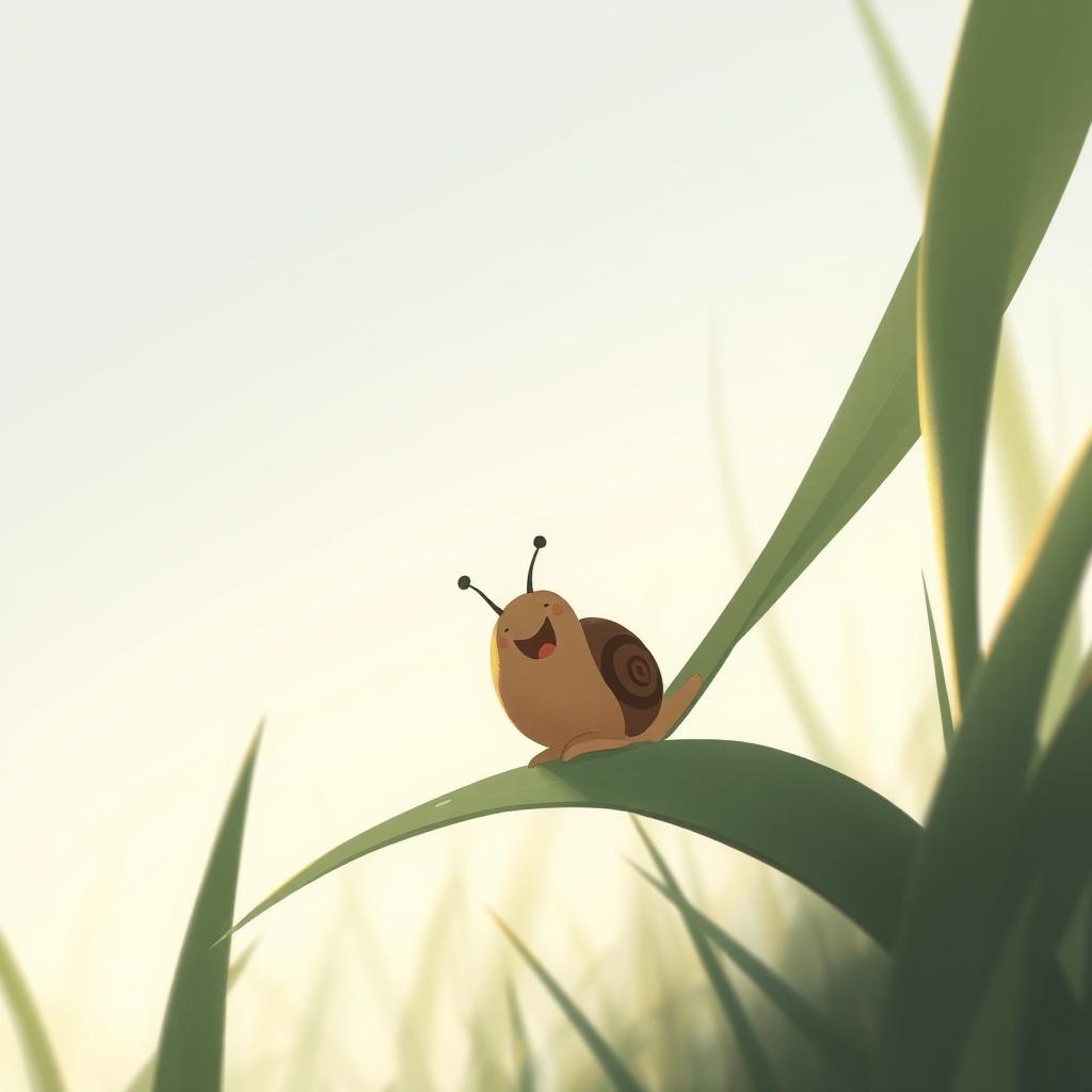 In the early morning, a small brown snail is perched on a blade of grass, joyously laughing, captured in a close-up shot and illustrated in Jon Klassen's signature style