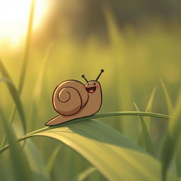 In the early morning, a small brown snail is perched on a blade of grass, joyously laughing, captured in a close-up shot and illustrated in Jon Klassen's signature style