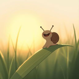 In the early morning, a small brown snail is perched on a blade of grass, joyously laughing, captured in a close-up shot and illustrated in Jon Klassen's signature style