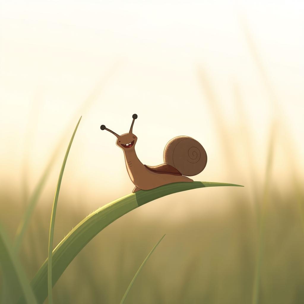 In the early morning, a small brown snail is perched on a blade of grass, joyously laughing, captured in a close-up shot and illustrated in Jon Klassen's signature style