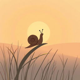 A small brown snail is perched on a blade of grass, gazing into the distant sun, illustrated in Jon Klassen's signature style