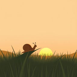 A small brown snail is perched on a blade of grass, gazing into the distant sun, illustrated in Jon Klassen's signature style