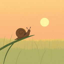 A small brown snail is perched on a blade of grass, gazing into the distant sun, illustrated in Jon Klassen's signature style