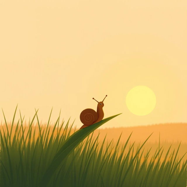 A small brown snail is perched on a blade of grass, gazing into the distant sun, illustrated in Jon Klassen's signature style