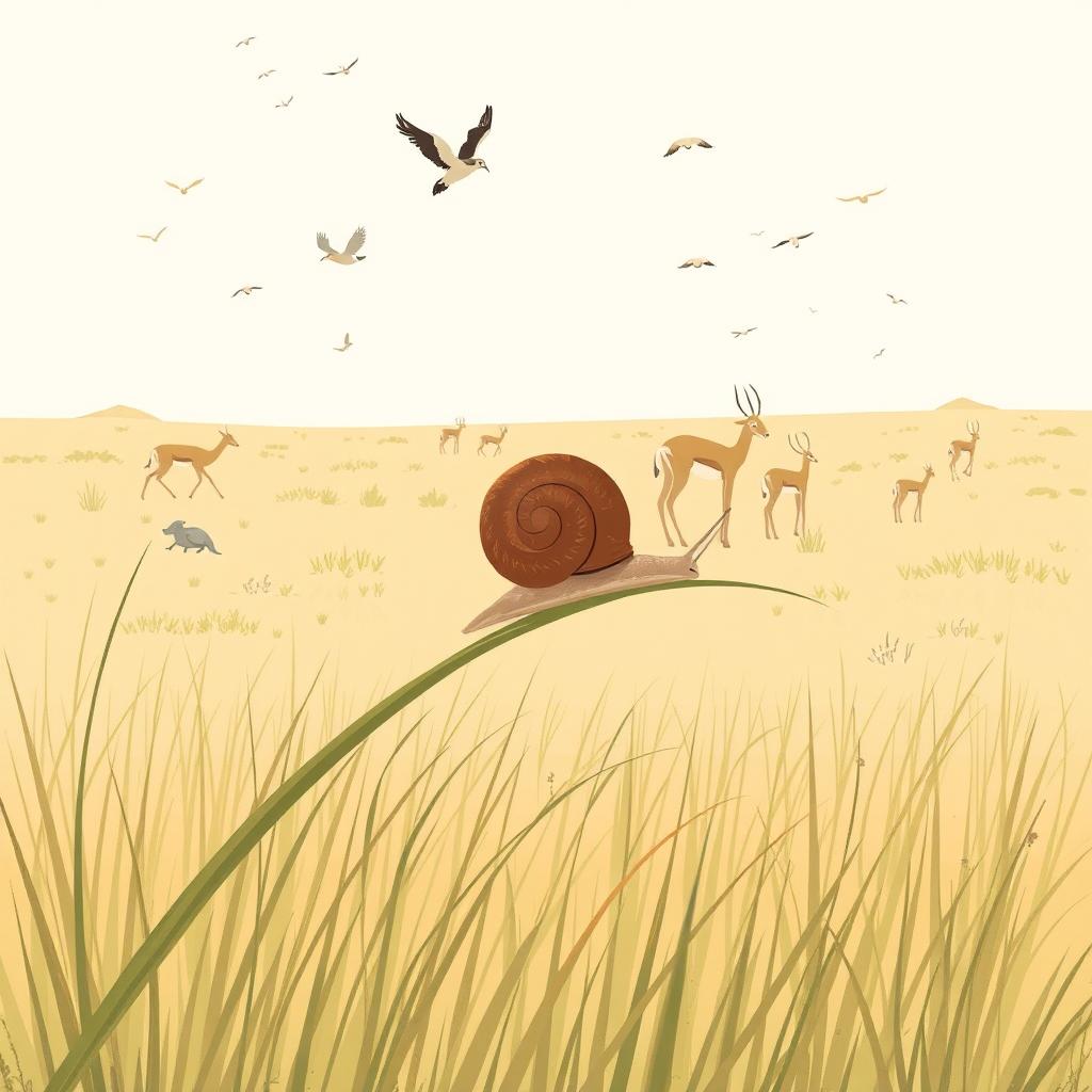 A small brown snail is perched on a blade of grass, watching birds flying in the sky and antelopes running across the grassland, all illustrated in Jon Klassen's unique style