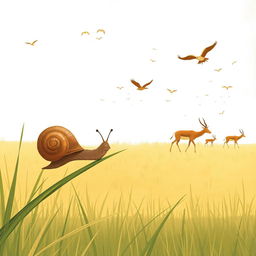 A small brown snail is perched on a blade of grass, watching birds flying in the sky and antelopes running across the grassland, all illustrated in Jon Klassen's unique style