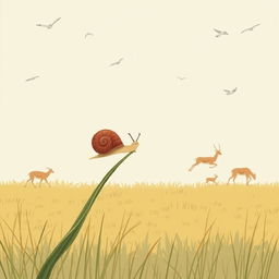 A small brown snail is perched on a blade of grass, watching birds flying in the sky and antelopes running across the grassland, all illustrated in Jon Klassen's unique style