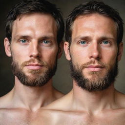 The faces of Adam and Eve as they appear in traditional Biblical art: Adam with strong features, a beard and short hair; Eve with a softer, feminine appearance, long hair and gentle eyes.