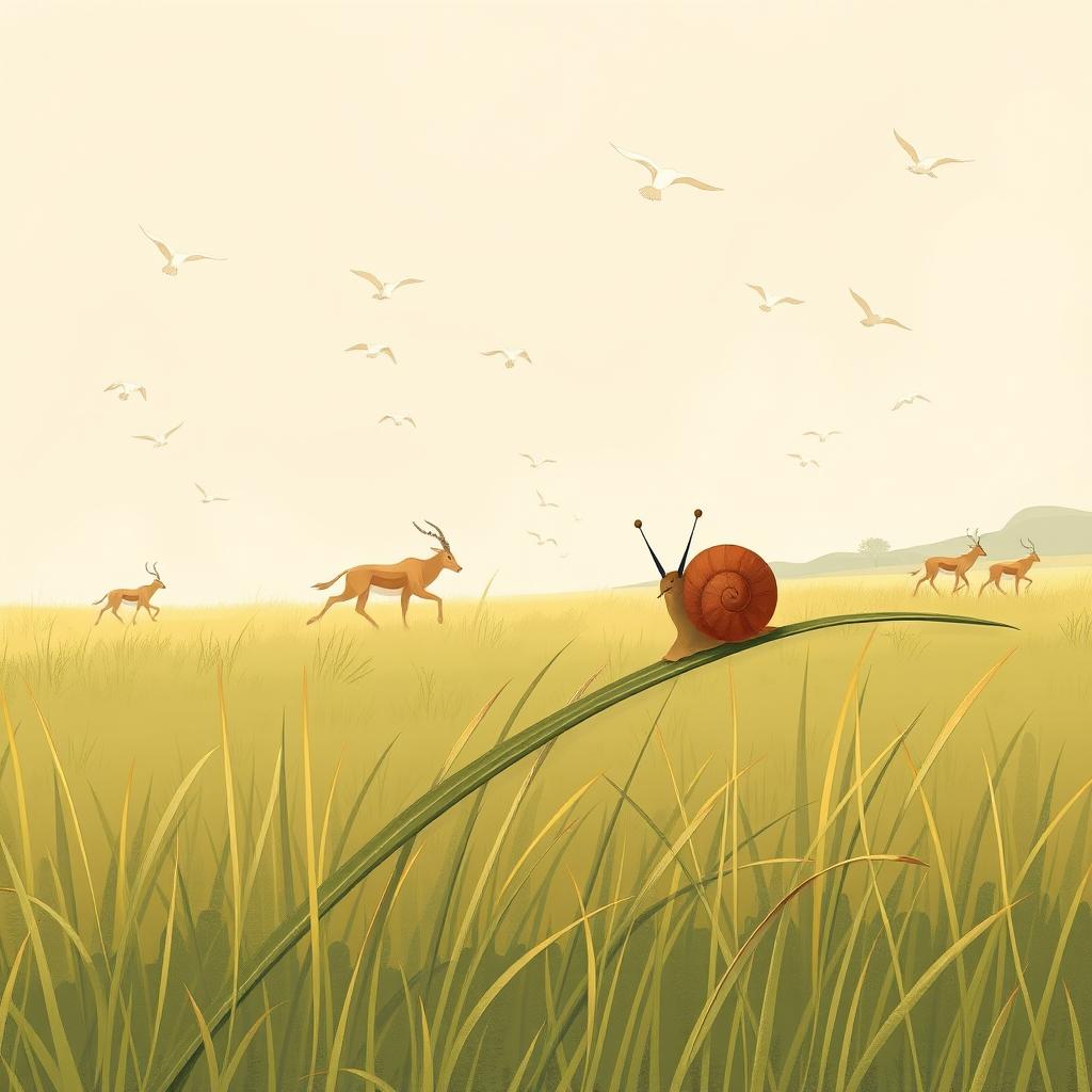 A small brown snail is perched on a blade of grass, watching birds flying in the sky and antelopes running across the grassland, all illustrated in Jon Klassen's unique style