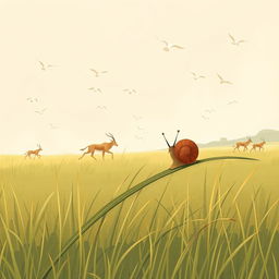 A small brown snail is perched on a blade of grass, watching birds flying in the sky and antelopes running across the grassland, all illustrated in Jon Klassen's unique style