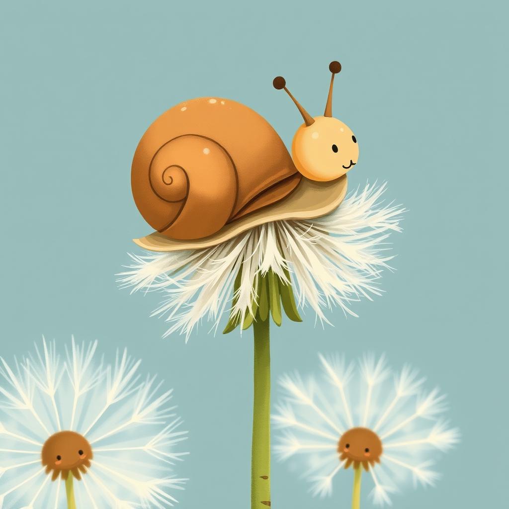 A small brown snail is resting on a dandelion, illustrated in Jon Klassen's signature style