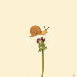 A small brown snail is resting on a dandelion, illustrated in Jon Klassen's signature style