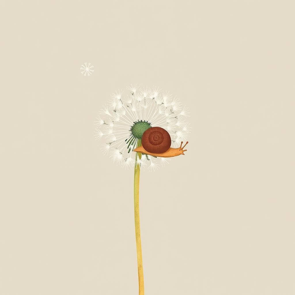 A small brown snail is resting on a dandelion, illustrated in Jon Klassen's signature style