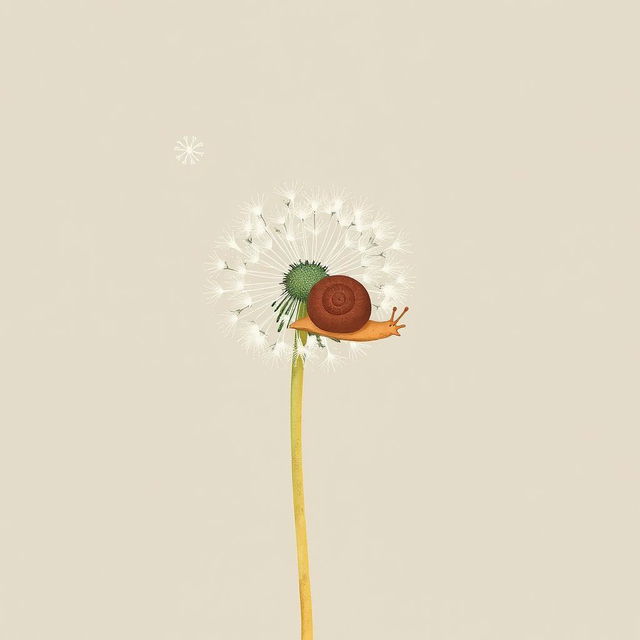 A small brown snail is resting on a dandelion, illustrated in Jon Klassen's signature style