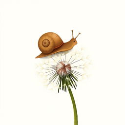 A small brown snail is resting on a dandelion, illustrated in Jon Klassen's signature style