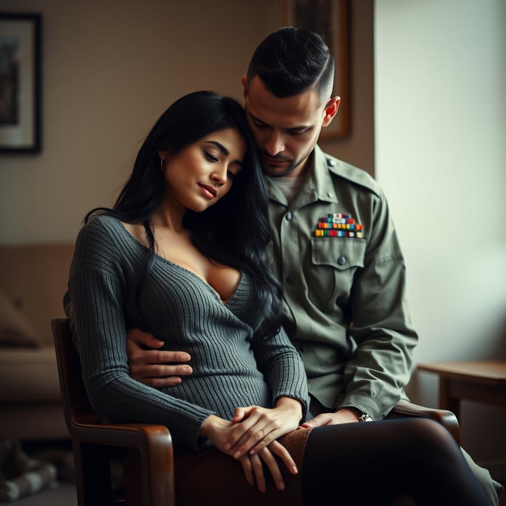 An Indian woman bending her head on a soldier's shoulder, wearing a sexy sweater and black panties, seated on a chair