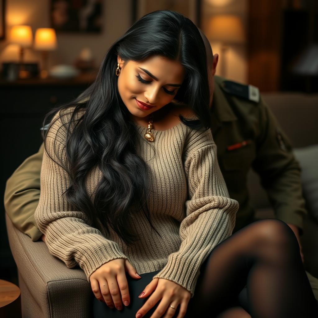 An Indian woman bending her head on a soldier's shoulder, wearing a sexy sweater and black panties, seated on a chair