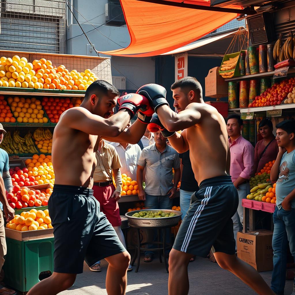 Two people engaged in a boxing match on a lively street market filled with colorful fruit stalls