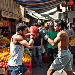 Two people engaged in a boxing match on a lively street market filled with colorful fruit stalls