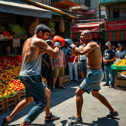 Two people engaged in a boxing match on a lively street market filled with colorful fruit stalls