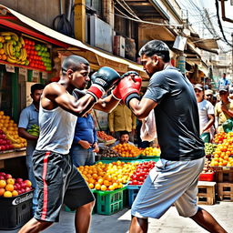 Two people engaged in a boxing match on a lively street market filled with colorful fruit stalls