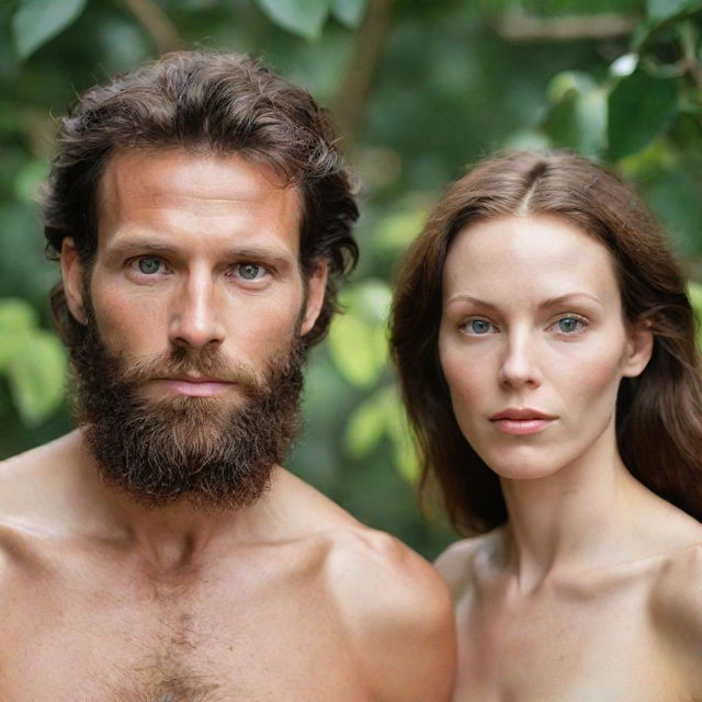 The faces of Adam and Eve as they appear in traditional Biblical art: Adam with strong features, a beard and short hair; Eve with a softer, feminine appearance, long hair and gentle eyes.