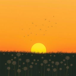 Under the setting sun, a gentle breeze lifts a sea of dandelion seeds into the air, depicted in Jon Klassen's unique style