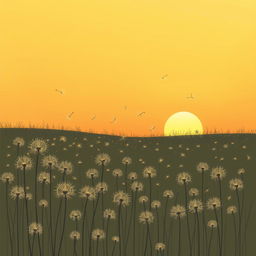 Under the setting sun, a gentle breeze lifts a sea of dandelion seeds into the air, depicted in Jon Klassen's unique style