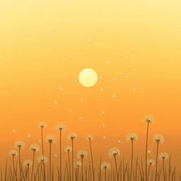 Under the setting sun, a gentle breeze lifts a sea of dandelion seeds into the air, depicted in Jon Klassen's unique style