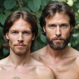 The faces of Adam and Eve as they appear in traditional Biblical art: Adam with strong features, a beard and short hair; Eve with a softer, feminine appearance, long hair and gentle eyes.