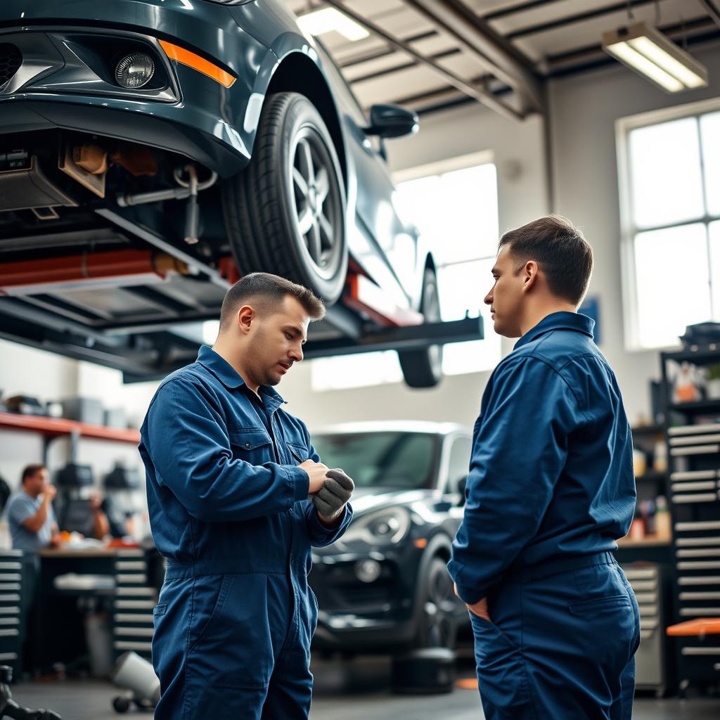 Two people working as mechanics in a spacious, well-lit workshop