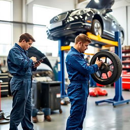 Two people working as mechanics in a spacious, well-lit workshop