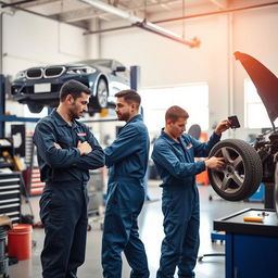 Two people working as mechanics in a spacious, well-lit workshop