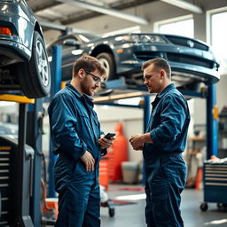 Two people working as mechanics in a spacious, well-lit workshop