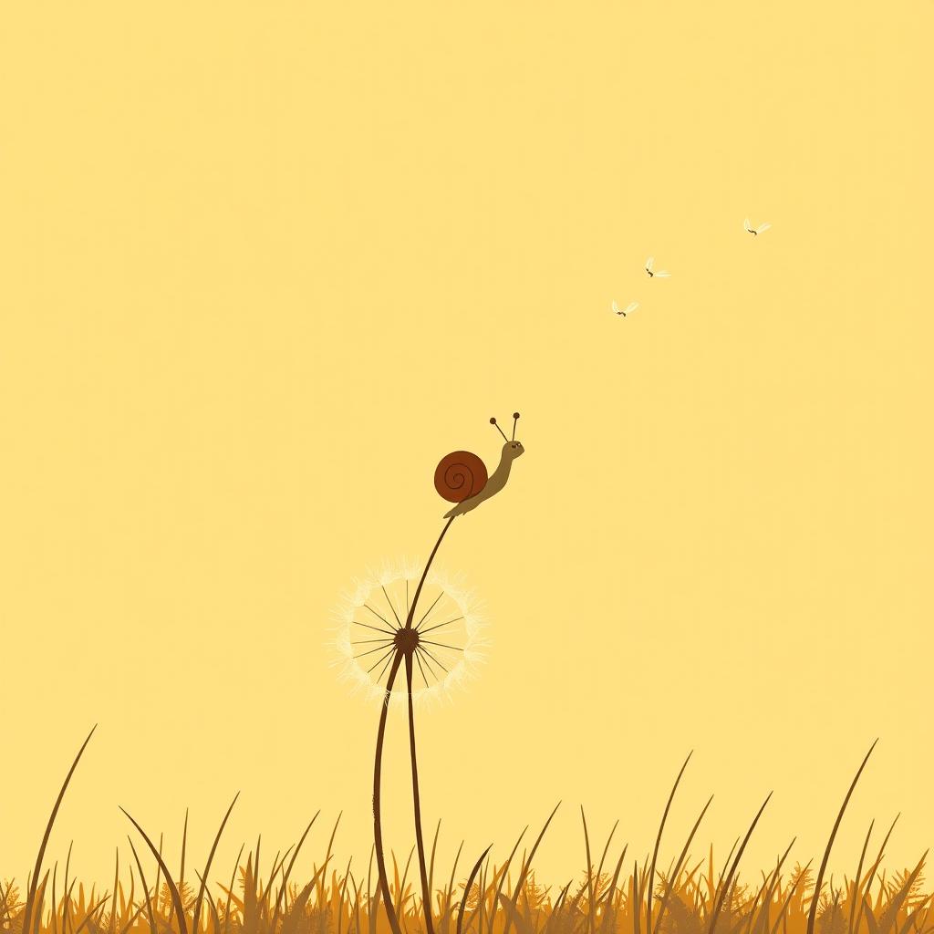 Under the setting sun, a breeze lifts a small brown snail perched on a dandelion into the air, depicted in Jon Klassen's unique style