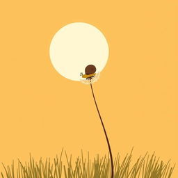 Under the setting sun, a breeze lifts a small brown snail perched on a dandelion into the air, depicted in Jon Klassen's unique style