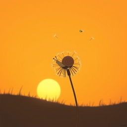 Under the setting sun, a breeze lifts a small brown snail perched on a dandelion into the air, depicted in Jon Klassen's unique style