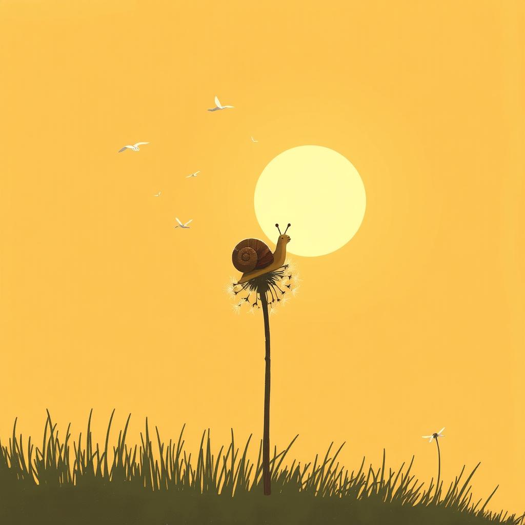 Under the setting sun, a breeze lifts a small brown snail perched on a dandelion into the air, depicted in Jon Klassen's unique style