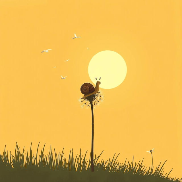 Under the setting sun, a breeze lifts a small brown snail perched on a dandelion into the air, depicted in Jon Klassen's unique style