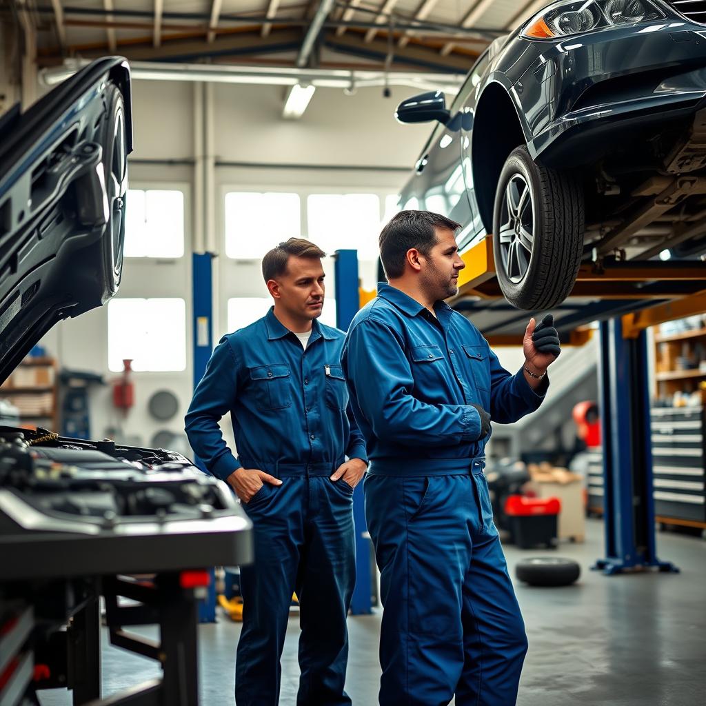 Two people working as mechanics in a spacious, well-lit workshop