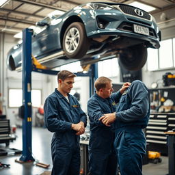 Two people working as mechanics in a spacious, well-lit workshop