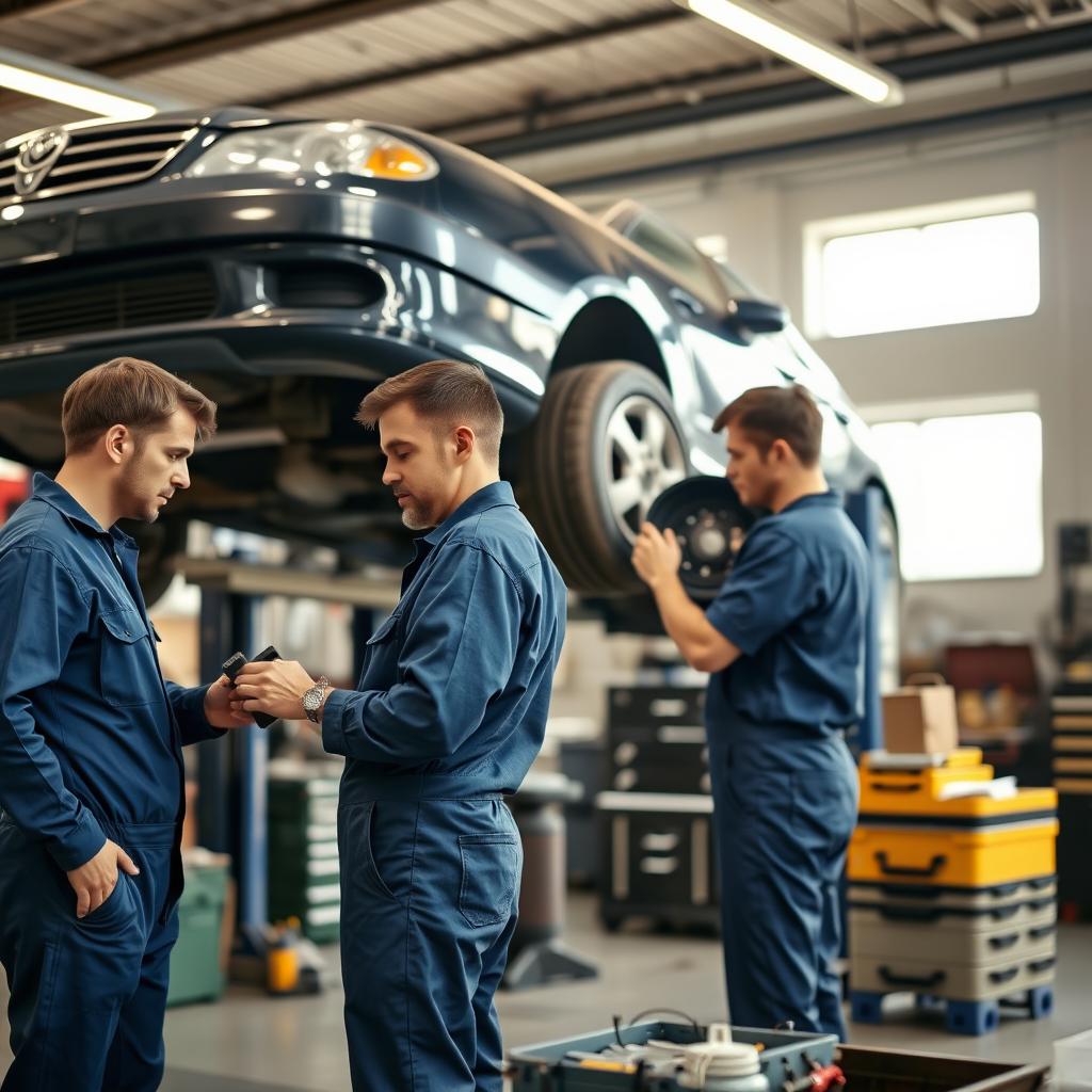 Two people working as mechanics in a spacious, well-lit workshop