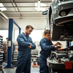 Two people working as mechanics in a spacious, well-lit workshop