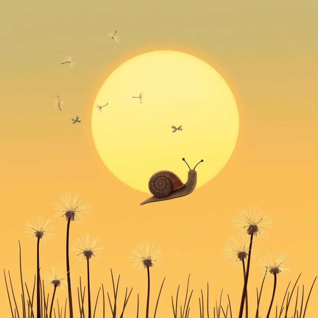 Under the setting sun, a small brown snail curls into its shell as it is carried into the air alongside dandelion seeds, illustrated in Jon Klassen's style