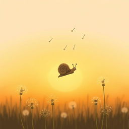 Under the setting sun, a small brown snail curls into its shell as it is carried into the air alongside dandelion seeds, illustrated in Jon Klassen's style