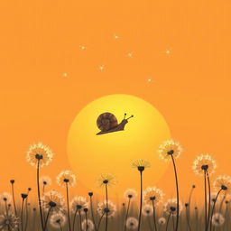 Under the setting sun, a small brown snail curls into its shell as it is carried into the air alongside dandelion seeds, illustrated in Jon Klassen's style