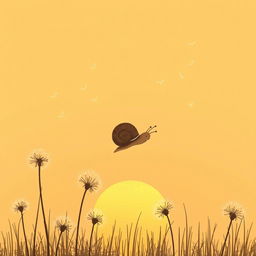 Under the setting sun, a small brown snail curls into its shell as it is carried into the air alongside dandelion seeds, illustrated in Jon Klassen's style