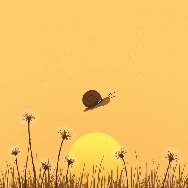 Under the setting sun, a small brown snail curls into its shell as it is carried into the air alongside dandelion seeds, illustrated in Jon Klassen's style