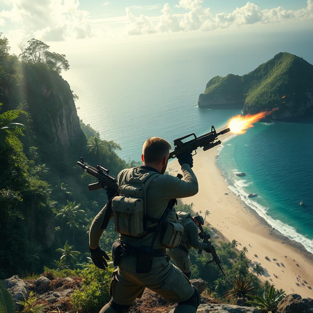 Two individuals engaged in intense combat with powerful firearms on a vast island